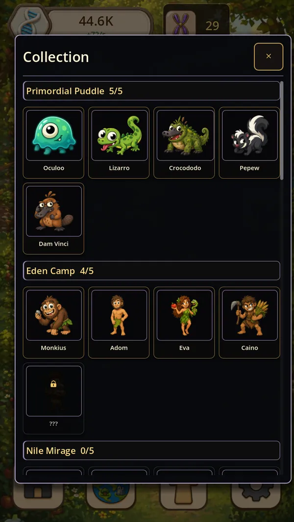 Creature collection screen